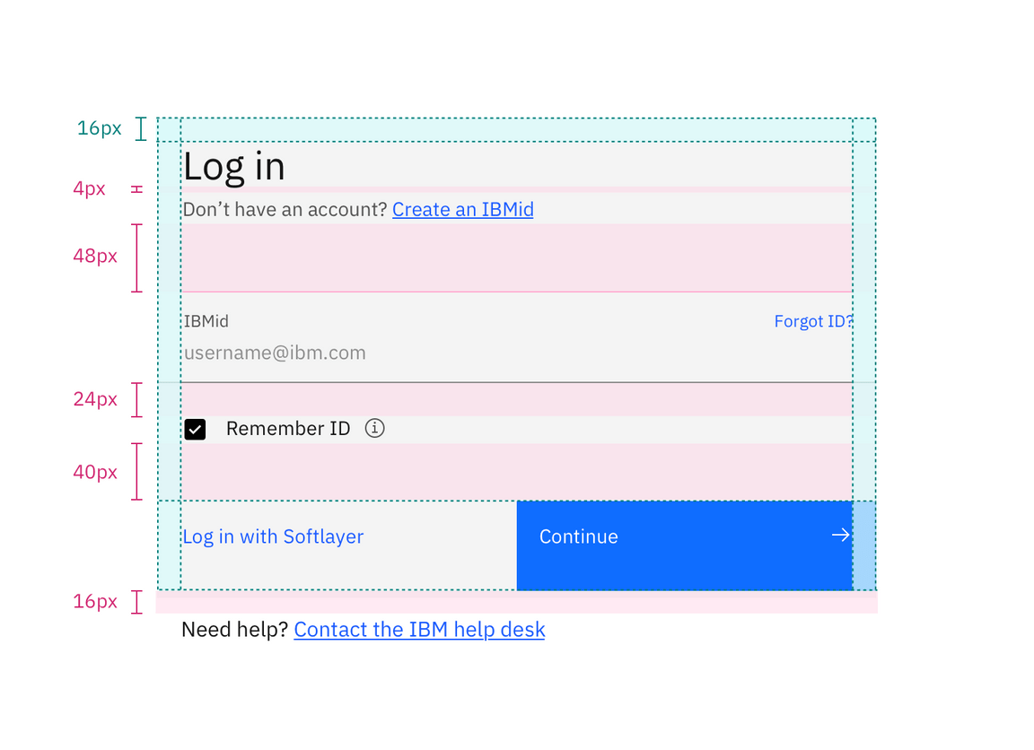 Specs for margins and vertical spacing in a centered login form with fluid input